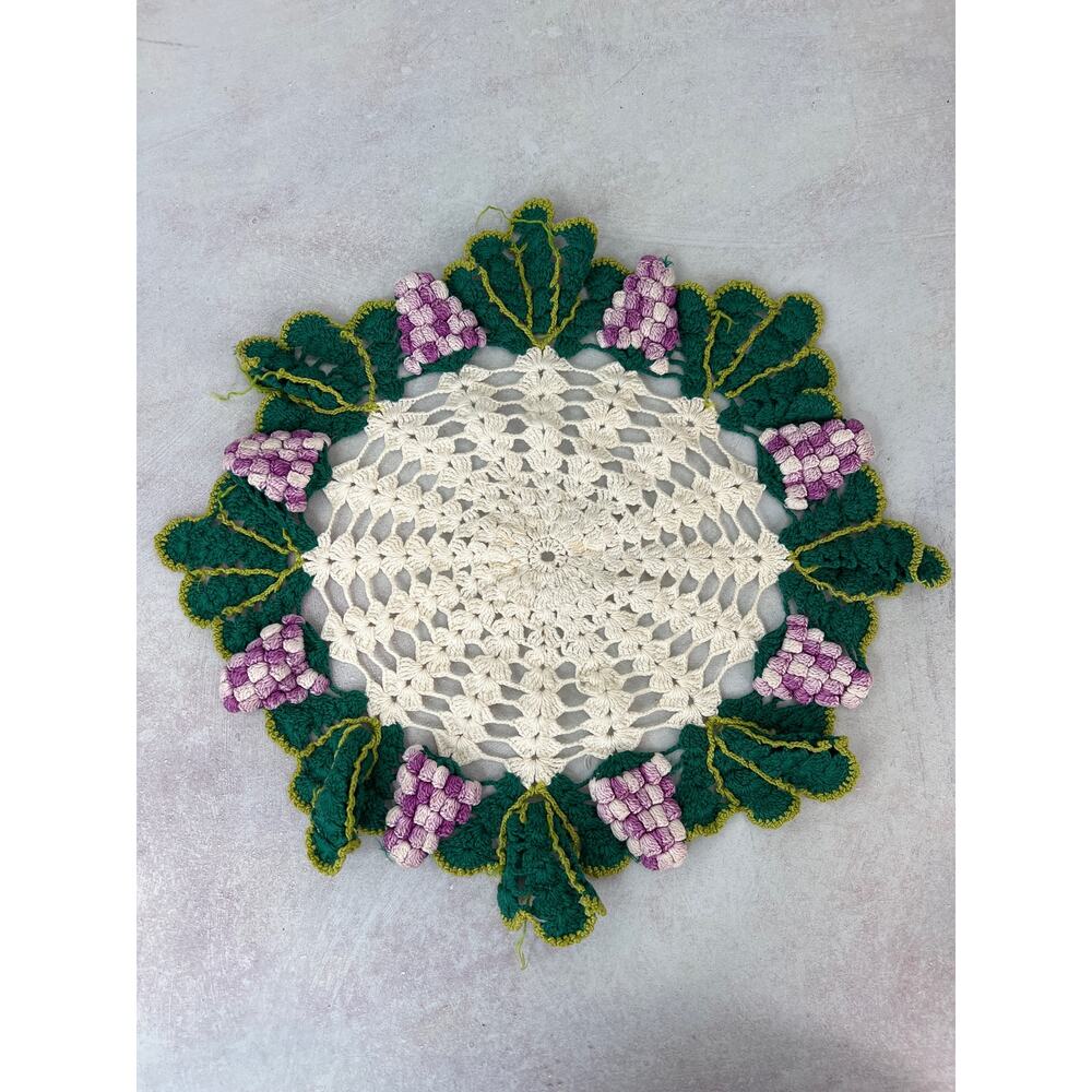 Vintage Attic Treasure Handmade Crochet Grape Doily Art Nouveau 13”